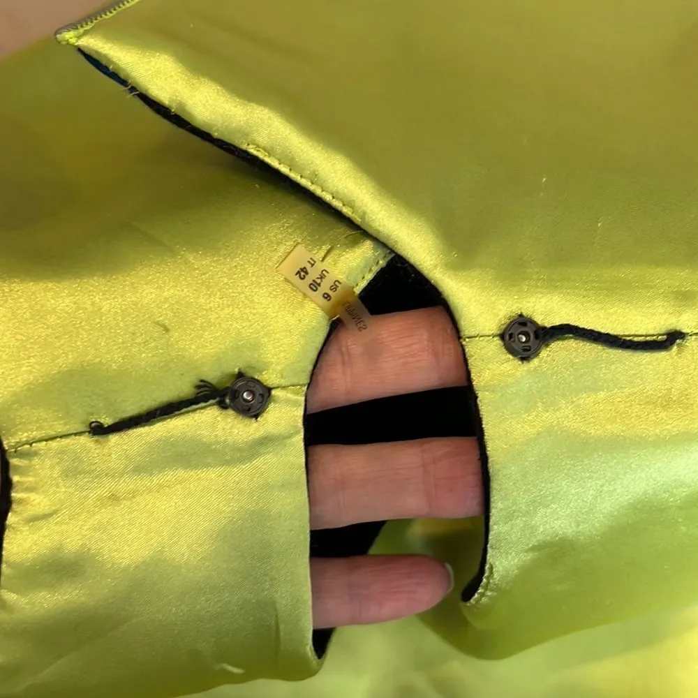 T Tahari navy blue sheath w/print band green & blue zipper & green lining - Picture 11 of 15